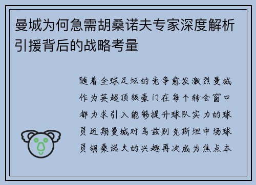 曼城为何急需胡桑诺夫专家深度解析引援背后的战略考量 曼城为何急需胡桑诺夫专家深度解析引援背后的战略考量