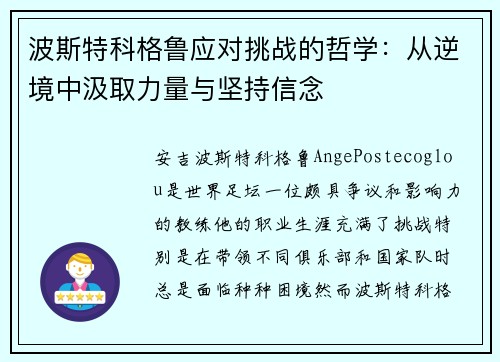 波斯特科格鲁应对挑战的哲学:从逆境中汲取力量与坚持信念 波斯特科格鲁应对挑战的哲学:从逆境中汲取力量与坚持信念