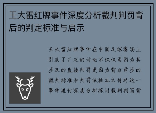 王大雷红牌事件深度分析裁判判罚背后的判定标准与启示 王大雷红牌事件深度分析裁判判罚背后的判定标准与启示