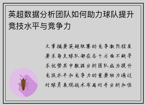 英超数据分析团队如何助力球队提升竞技水平与竞争力 英超数据分析团队如何助力球队提升竞技水平与竞争力