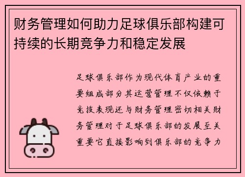 财务管理如何助力足球俱乐部构建可持续的长期竞争力和稳定发展