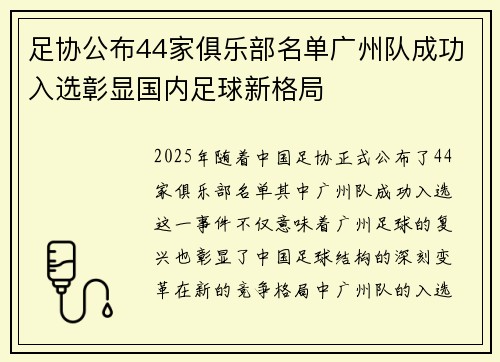 足协公布44家俱乐部名单广州队成功入选彰显国内足球新格局